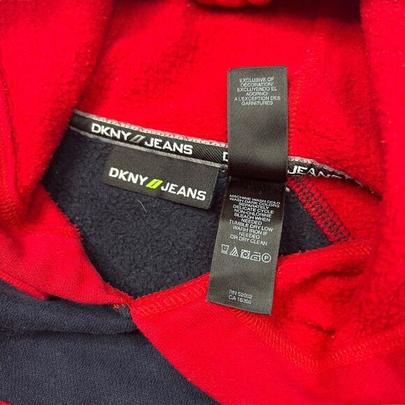 DKNY Jeans Logo Spellout Hoodie Sweatshirt Colorblock Navy Blue Red Large - Picture 5 of 5